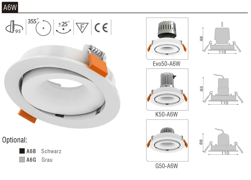 LED Strahler Einbaurahmen A6W